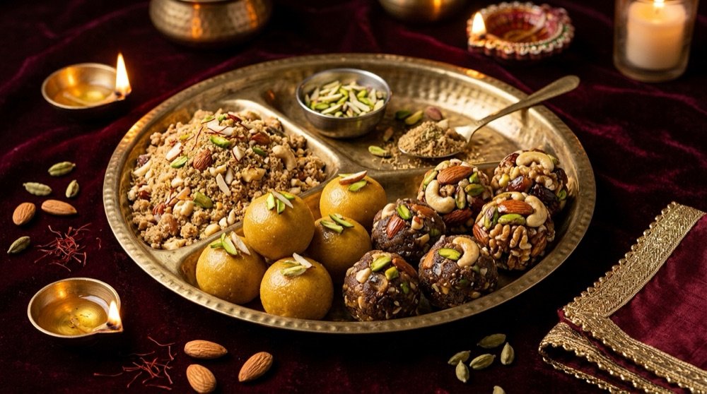 Traditional brass thali of handcrafted pure desi ghee Indian sweets